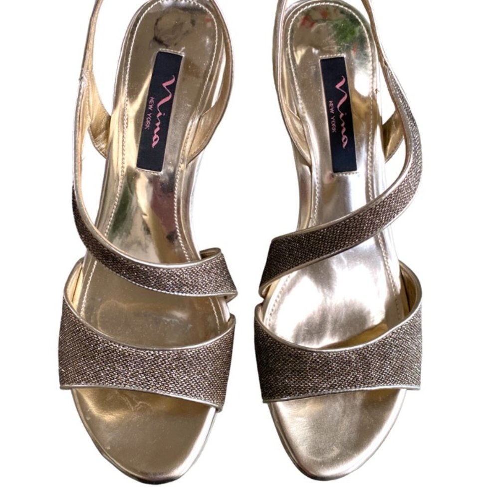 Nina Gold Sparkle Strappy Sling-Back Open-Toe 3" Sandal Heels Size 8